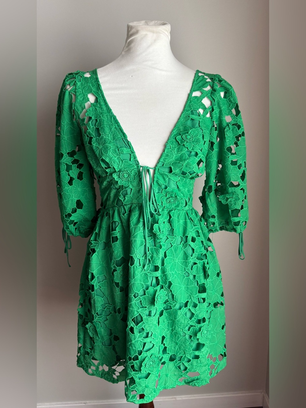 Storia Eyelet Floral V-Neck Lined Mini Dress In Kelly Green Size S